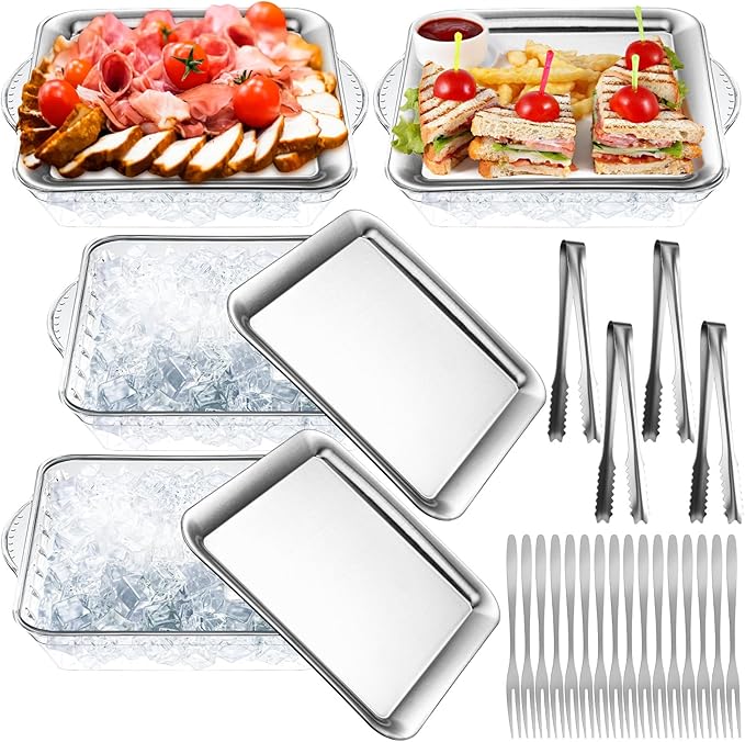 Baderke 4 Set 9" Chilled Serving Tray for Parties with Compartments Ice Chilled Party Platter Charcuterie Serving Board Cold Dish Dip with Forks Tongs for Fruit Seafood Vegetable Appetizer (Silver)