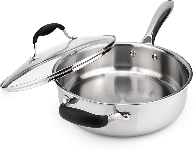 AVACRAFT 18/10 Tri-Ply Stainless Steel Saute Pan with Lid, Helper Handle, Induction & Stovetop, Versatile Stainless Steel Skillet, Cookware (3.5 Quarts)
