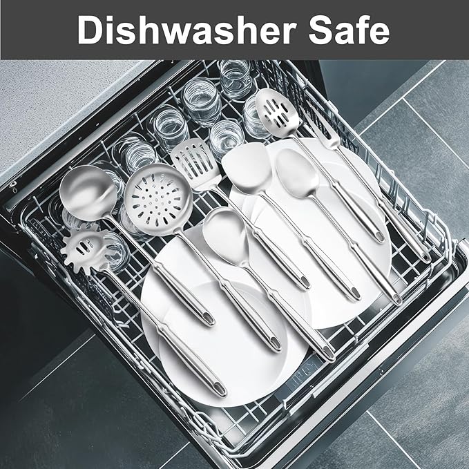 304 Stainless Steel Cooking Utensils Set, 9 PCS Metal Kitchen Utensils Set, Serving Spoon, Spaghetti Spoon, Skimmer, Meat Fork etc (Dishwasher Safe)