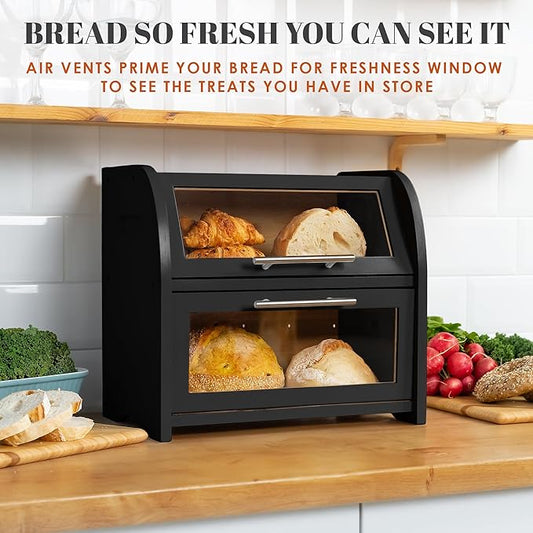 Arise Stylish Bamboo Bread Box for Kitchen Countertop, Extra Large 2-Shelf Wooden Bread Storage Container with Clear Windows and Air Vents Keep Bread, Bagels and Rolls Fresh, Self Assembly