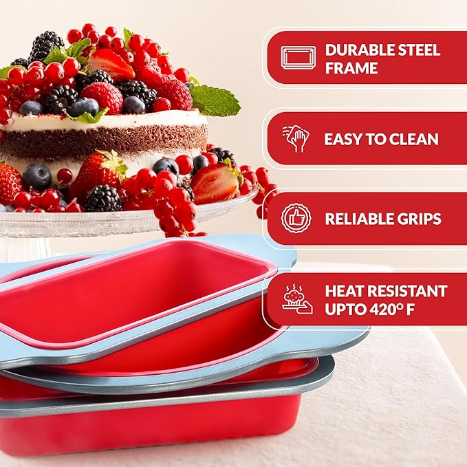 Boxiki Kitchen Silicone Baking Pans Set. 3 PCS Professional Non-Stick Baking Cake Pans Set includes Silicone Round Cake Pan, Square Cake Pan and Bread Loaf Pan.