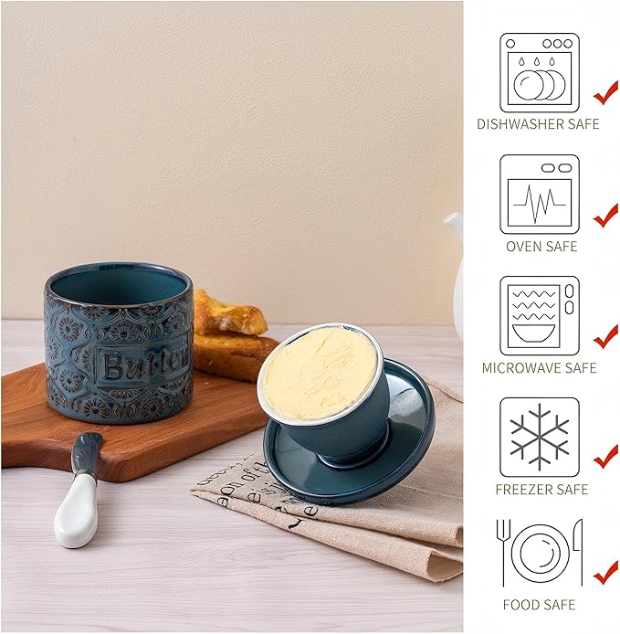 Ceramic Butter Crock with Lid, French Butter Dish with Water Line for Countertop, Butter Keeper for Spreadable Butter, Container Holder for Kitchen and Home Decor, 6.7 OZ, Vintage Blue