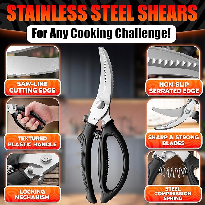 Chicken Shears – Stainless Steel Heavy Duty Poultry Shears | Meat, Vegetables, Seafood | Fish Scale Remover & Bone Scissors | Non-Slip Serrated Saw-Like Edge, Safety Lock & Spring-Loaded Mechanism