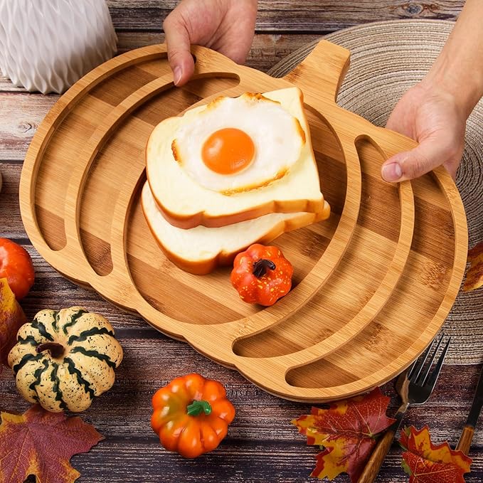 AWIZOM Pumpkin Wooden Serving Platter Thanksgiving Bamboo Serving Tray Wooden Snack Cheese Charcuterie Board Sectional Wood Halloween Dish Plate for Fall Autumn Harvest Party Supply,14.96x11.58x0.79