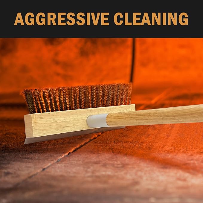 LRUI Pizza Oven Brush with Scraper,41-Inch Long Wood Handle Brass Bristles,Outdoor Pizza Oven Brush.