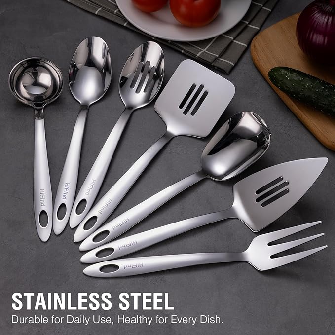 Stainless Steel Serving Utensils Set, 7Pcs Small Kitchen Utensils Set, Small Utensils for Serving, Ladle, Slotted Spatula, Meat Fork, Slotted Spoon, Cake Server, Solid Spoon, Square Spoon