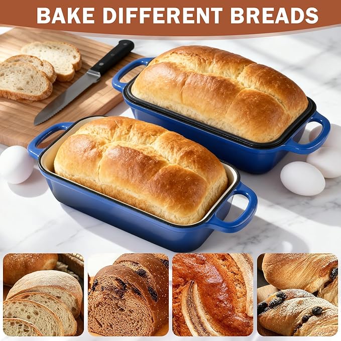 9 x 5 Inch Bread Pan Enameled Cast Iron Loaf Pan with Lid for Baking, 2 in 1 Non-stick Sourdough Bread Loaf Pan for Homemade Bread, Oven & Stovetop Safe for Gas, Electric & Induction, Blue