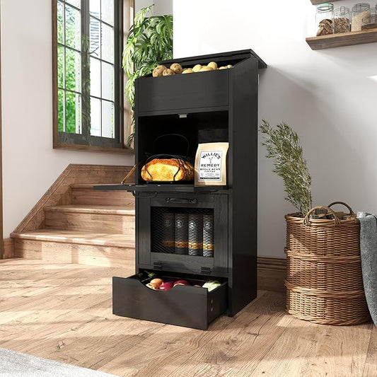 Verano Garden Potato Storage Bin, Wood Bread Box with Lid, Farmhouse Potato and Onion Storage Bin with Mesh Doors, Fruit and Vegetable Storage Rack with Removable Drawer (Black, 16.0")