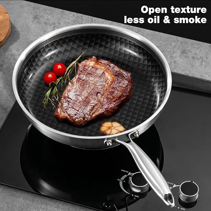 8-10 Inch Non Stick Frying Pans, Ceramic Coating NonStick Stainless Steel Pan Set, Tri-Ply Skillets and Pan Set with Lid, Cool-Touch Handle, Dishwasher and Oven Safe