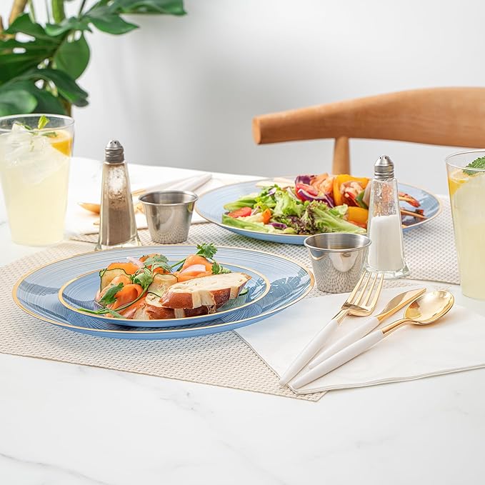 Restaurantware Plastic Plates 200 Pcs 7.13" and 10" Combo Gold Rimmed Plate Set Disposable Heavy-Duty Blue Translucent Rippled Plastic Dinner Servers for Party, Weddings, Salads, Desserts