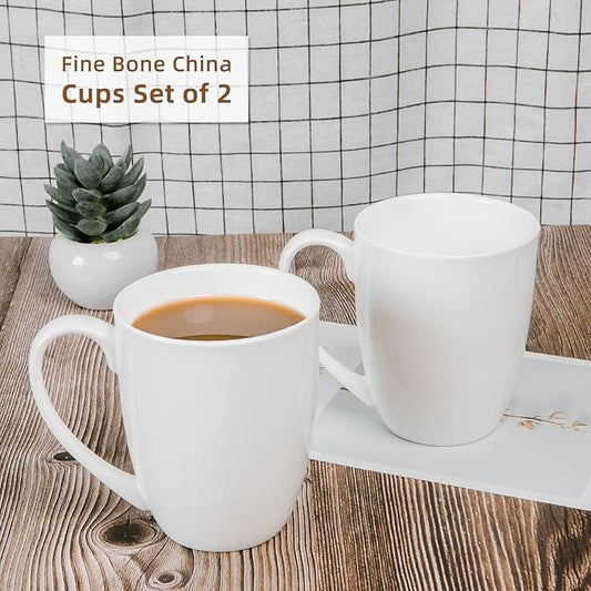 Plain White Fine Bone China Blank Coffee Mugs Set of 2, 11 Oz Tea Cups with Large Handle, Lightweight Ceramic Coffee Mugs, Aesthetic Coffee Cups