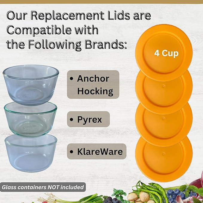 4 Cup/950 mL Orange Replacement Lids/Covers for Pyrex 7201-PC, 4 Cup/32oz Anchor Hocking & Klare Ware Storage Bowls *Lids Only* - *Glass Container Not Included* (4 Pack, Orange)