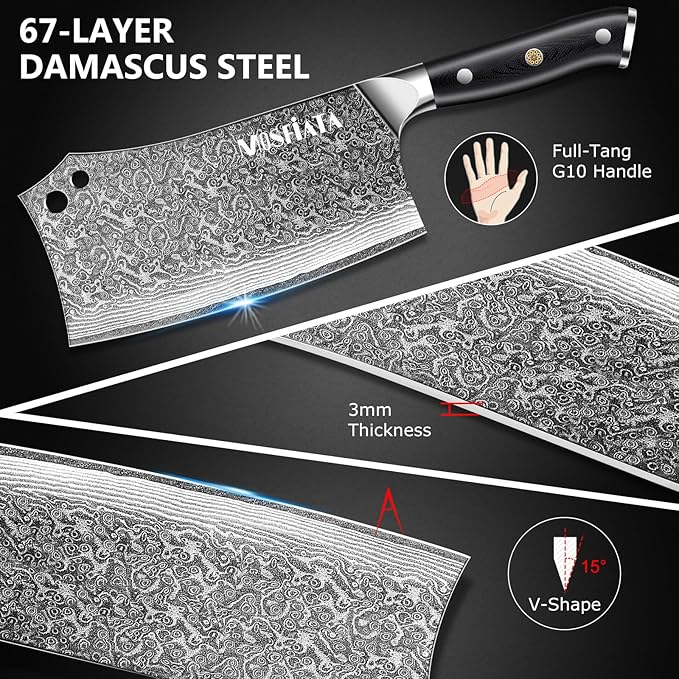MOSFiATA Damascus 7” Cleaver Knife，Ultra Sharp Vegetable and Meat Butcher Knife with Finger Guard for Home Kitchen and Restaurant