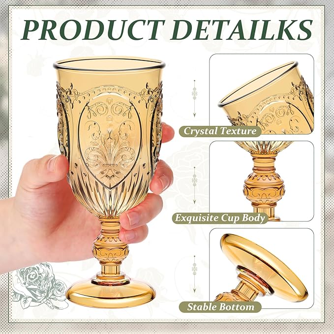 6 Pcs Plastic Goblets 7.5oz Vintage Goblet Plastic Wine Glasses Colored Retro Embossed Water Goblets for Wine Bar Juice Baby Shower Wedding Reception Grand Event Party (Amber)