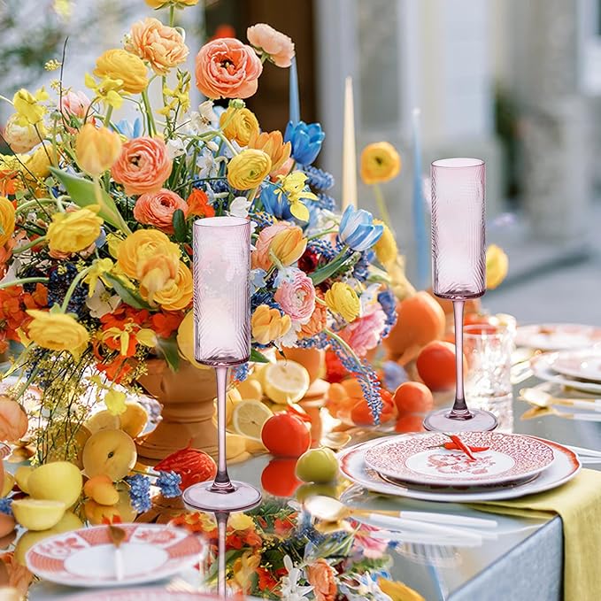 6 Pieces Pink Champagne Flutes,6 OZ Twill Pattern Striped Vintage Stem Glasses Stemware Wine Glasses Champagne Long Stem Drinking Colored Glasses Goblets for Wedding Cocktail Cups,Cava, Prosecco