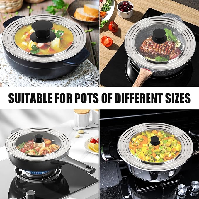 Universal Lid for Pots, Pans and Skillets, Fits 6.5, 7 and 8 Inch Cookware, Replacement Frying Pan Cover with Tempered Glass Top, Stainless Steel Cast Iron Skillet Lids - Heat Resistant Handle