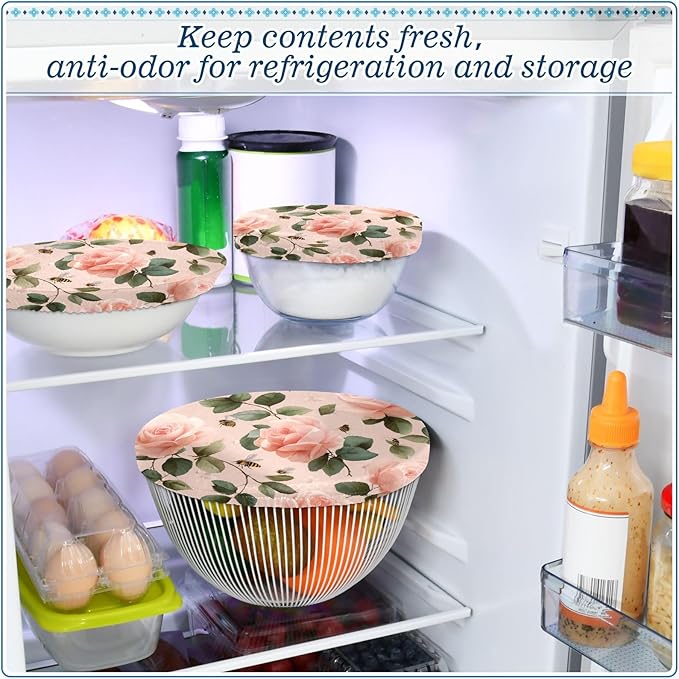 5 Pcs Bowl Covers Reusable in 5 Size Elastic Food Cover Cloth Lids Fresh Keeping Dish Cookware Bakeware Fabric Covers Lids for Food Leftovers Fruits Storage Pastel Pink Rose and Honeybees