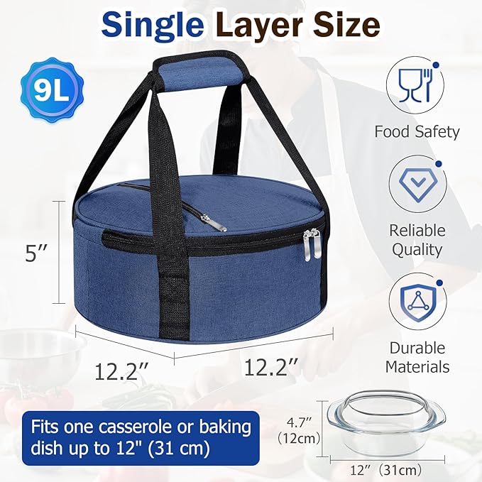 Round Insulated Casserole Carrier, Pie Carrier Bag, Portable Casserole Carrier for Hot or Cold Food Lunch Tote Warmer or Cooler Bag, Lunch Bag for Parties Picnic, Fits 12.5" Baking Dish, Navy Blue