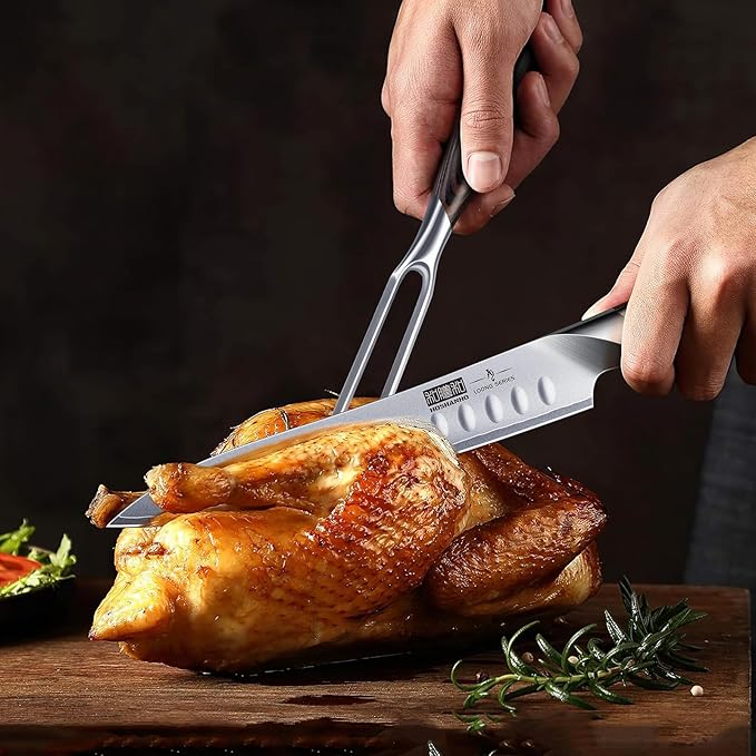8 Inch Carving Knife & 7 Inch Fork Set, Professional Japanese High Carbon Steel Razor Sharp Butcher Brisket Slicing Knife Set for Meat Cutting, BBQ