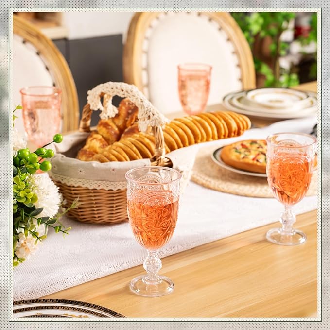 6 Pcs Plastic Goblets 7.5oz Vintage Goblet Plastic Wine Glasses Colored Retro Embossed Water Goblets for Wine Bar Juice Baby Shower Wedding Reception Grand Event Party (Clear)