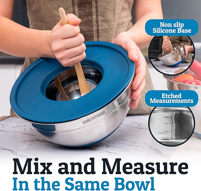 Priority Chef 6Pc Large Mixing Bowls With Lids Set with Non-Slip Bases, Stainless Steel Mixing Bowl Set, 6 Airtight Lids and 3 Graters, Blue