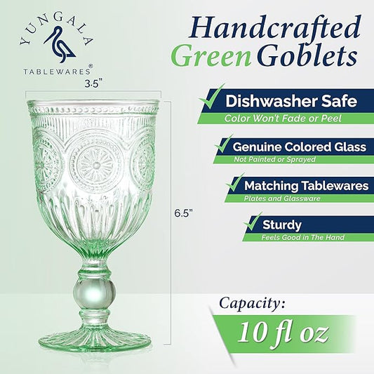 Yungala Green Wine Glasses set of 6 green goblets for lovers of green glassware or colored glassware that is dishwasher safe, sturdy and durable