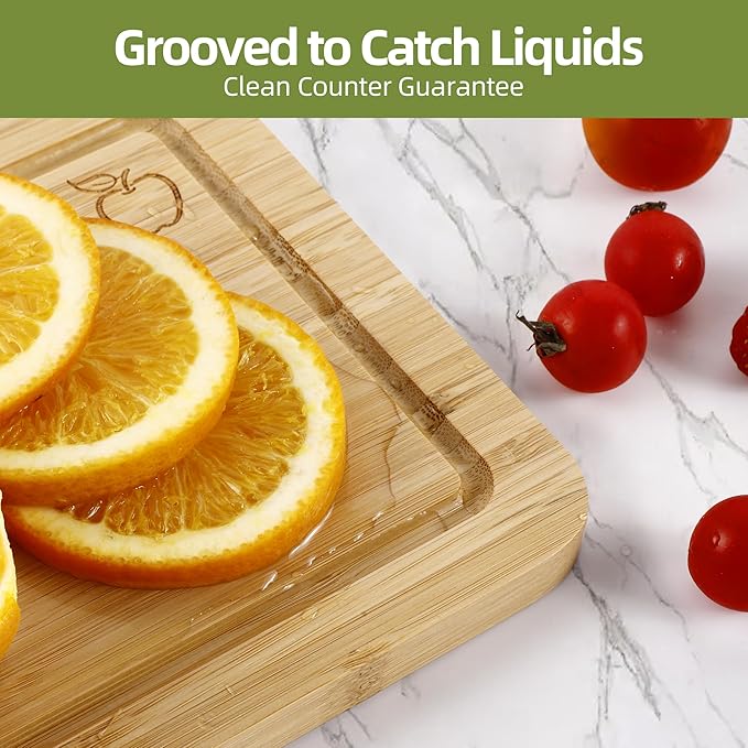 Bamboo Cutting Board Set of 4, Chopping Boards with Food Icons for Kitchen, Charcuterie Board for Meat, Vegetables, Fruits, Cheese