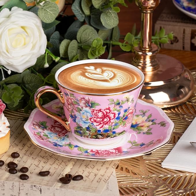 KAMMAK Porcelain Espresso Cups with Saucers, Cappuccino Cups with Saucers Set of 2, 7oz Handcrafted Ceramic Floral Coffee and Tea Cup, Vintage Drinkware for Tea Party, Holiday Gifting, Office, Gifts