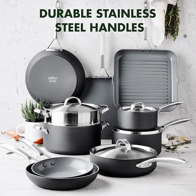 GreenPan Paris Pro Hard Anodized Healthy Ceramic Nonstick, 14 Piece Cookware Pots and Pans Set with Stainless Steel Lids, PFAS-Free, Dishwasher Safe, Grey