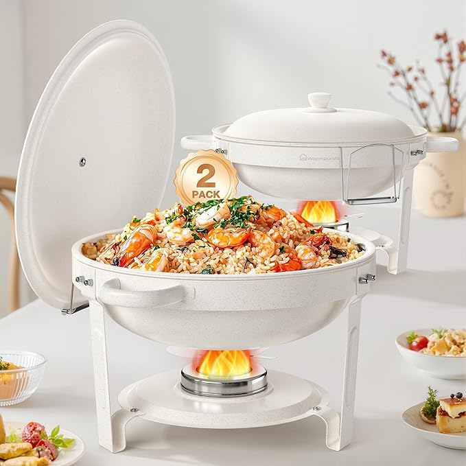 White Chafing Dishes for Buffet (5QT, 2Pack), Maifanite-Coated Round Chafers and Buffet Warmers Set w/Mirror-Polished Stainless Steel, Rolled Rim, Stackable, Lid Holder for Party, Wedding