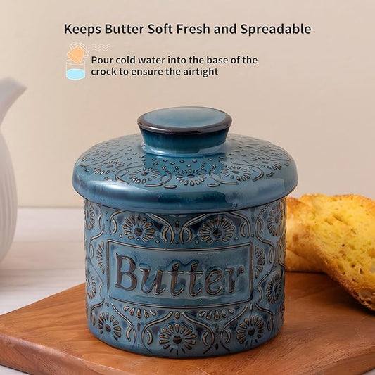 Ceramic Butter Crock with Lid, French Butter Dish with Water Line for Countertop, Butter Keeper for Spreadable Butter, Container Holder for Kitchen and Home Decor, 6.7 OZ, Vintage Blue