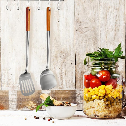 304 Stainless Steel Cooking Utensils Set with Wooden Handle, 2 PCS Metal Wok Spatula for Kitchen Use