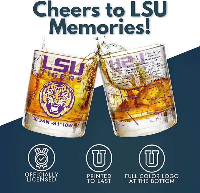 Greenline Goods – University of LSU Tigers College Whiskey Glasses (Set of 2), 10 oz – Full-Color Logo + Campus Map