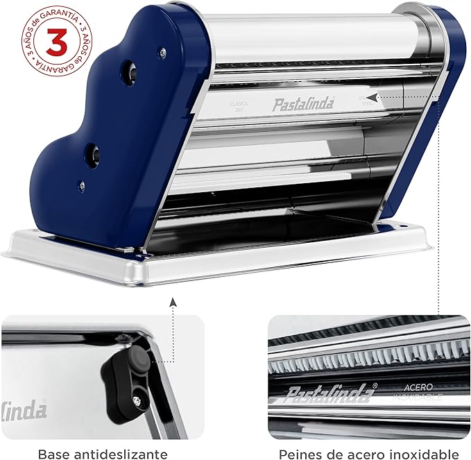 PASTALINDA Classic 260 Pasta Maker Machine, 26 cm Wide Rollers, 9 Thickness Positions, 2 Cutting Positions, Stainless Steel. Includes Reinforced Hand Crank And Two Clamps (Navy blue)
