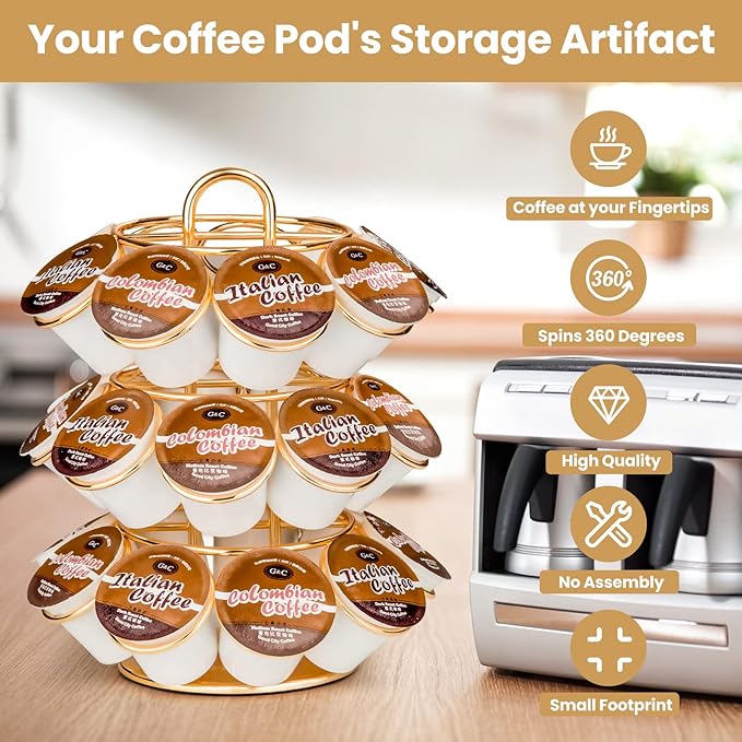 Coffee Pod Holder, K Cup Holders Carousel Organizer ,27 Coffee Pods Storage Compatible with K Cups, Spins 360-Degrees, Modern Gold Design ，Round,Shining Gold,3 Tier Home or Office Kitchen Counter Organizer