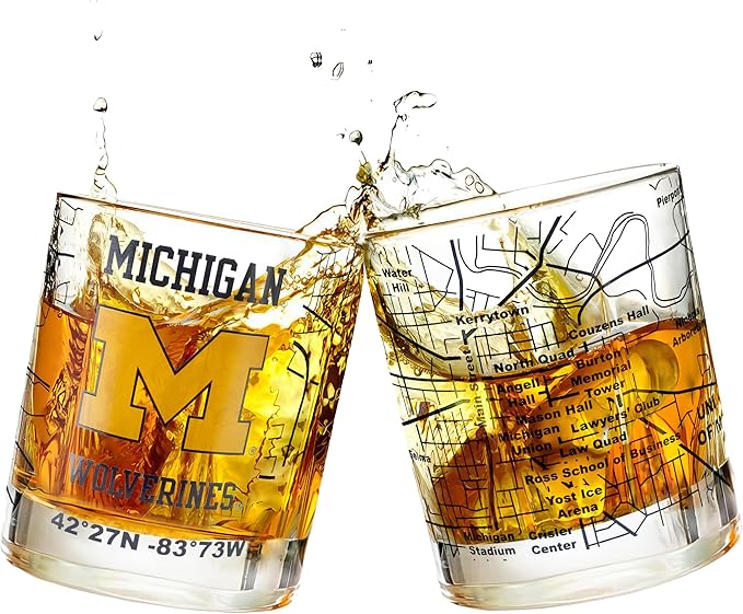 Greenline Goods – University of Michigan Wolverines College Whiskey Glasses (Set of 2), 10 oz – Full‑Color Logo + Campus Map