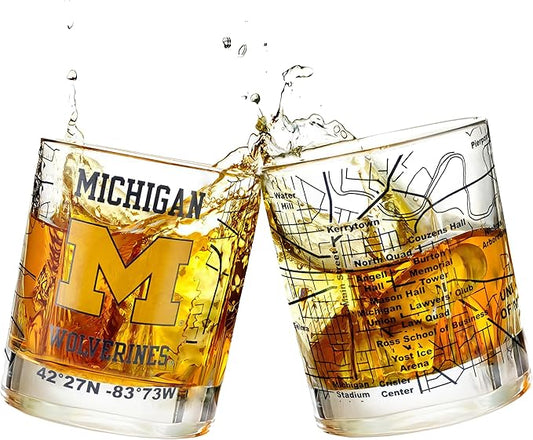 Greenline Goods – University of Michigan Wolverines College Whiskey Glasses (Set of 2), 10 oz – Full‑Color Logo + Campus Map