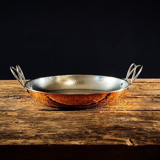Sertodo Copper Alicante Paella Cooking Pan | 8 inch diameter |Patented Stainless Steel Handle Design| Hand Hammered, Heavy Gauge, 100% Pure Copper | Ideal for Cooking or Serving Side Dishes in Style