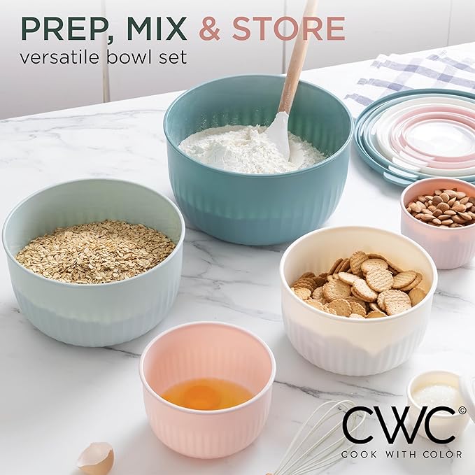 COOK WITH COLOR Prep Bowls with Lids- Wide and Deep Nesting Plastic Small Mixing Bowl Set with Lids, 12 Piece Set - Deep Bowls, Teal and Pink