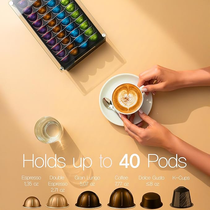 Coffee Pod Holder with Rail Drawer for Nespresso – 40 Pods Capacity for Nespresso Vertuoline & K-cups Capsule – Tempered Glass and Anti-Slip Base Metal Coffee Pods Organizer 16.14x11.81x3.94