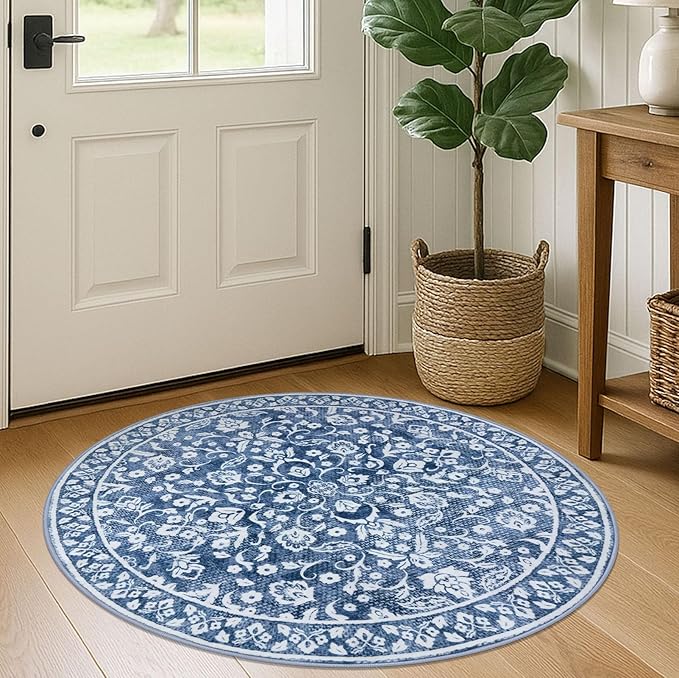 Blue and White Round Rug 3 Ft Rugs for Entryway Washable Circle Entrance Rug Non Slip Round Doormat Indoor Printed Faux Wool Round Front Door Mat Floor Carpet for Backdoor, Bedroom