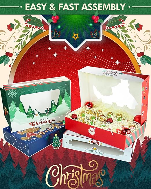 qiqee Christmas Cookie Boxes for Gift Giving 8x5.3x2 inch 50Packs Christmas Bakery Box with Window Treat Box for Donuts Candies and Biscuit
