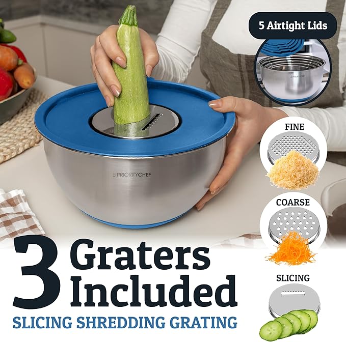 Priority Chef Stainless Steel Mixing Bowls with Lids Set, Metal Nesting Bowls with Airtight Lids, Graters, Non-Slip Base & Measurement Marks, Includes Utensil Set for Prep, Baking & Storage, Blue