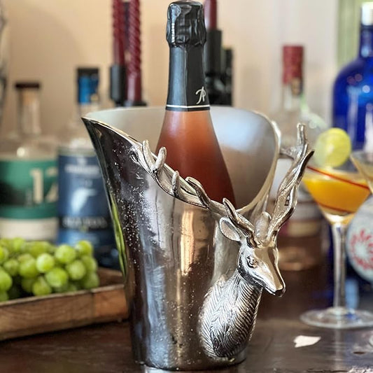 WHW Whole House Worlds Luxury Stag Head Champagne Bucket, Asymmetrical Flared Opening, Hand Cast, Silver Aluminum, Gleaming Polish, 9 Inches