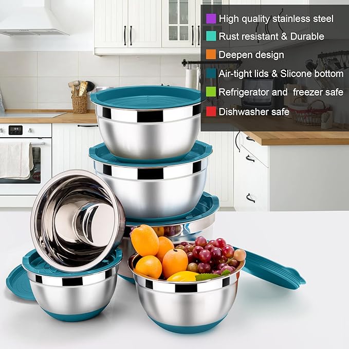 LIANYU Stainless Steel Nesting Mixing Bowls Set of 6, Non-slip Bottom & Airtight Lids, Size 7, 3.5, 2.5, 2, 1.5, 1QT, Large Metal Bowls for Cooking, Baking, Food Storage, Dark Blue