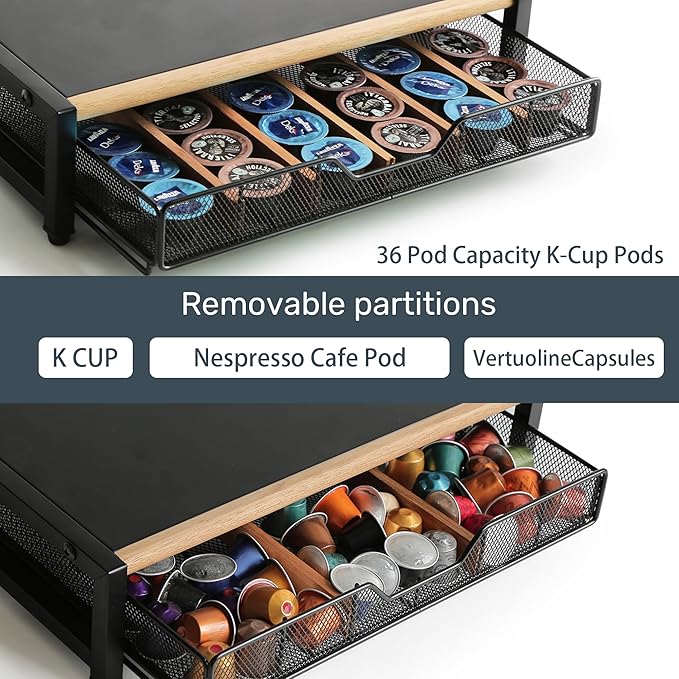 Coffee Pod Drawer,Coffee Station Organizer for Coffee Pod Storage,Movable Solid Wood Partition Board, Counter Coffee Bar Accessories for Nespresso Pods,Cream, Spoon, Sugar（Black)