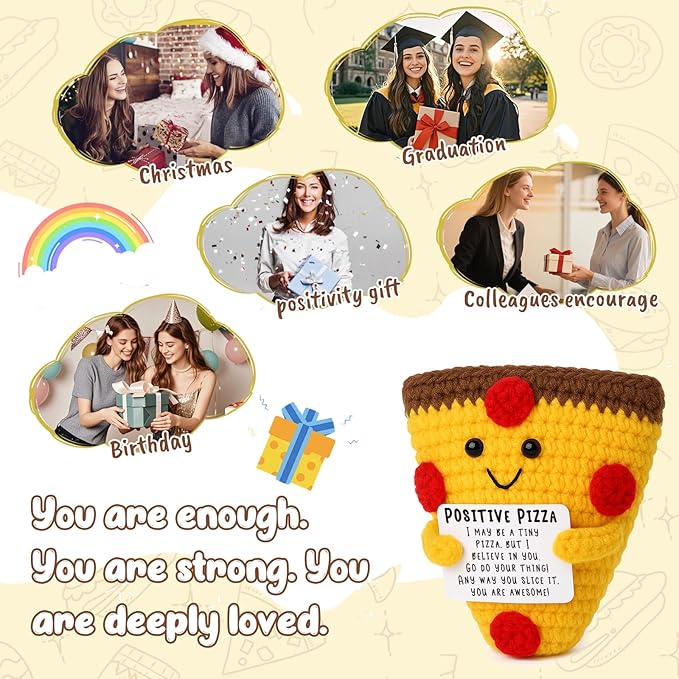 Mini Christmas Inspirational Pizza Gifts Handmade Positive Crochet Animal Pizza for Motivation Christmas Birthday Gift for Women Coworker Friends Christmas Stocking Stuffers White Elephant Gifts Idea