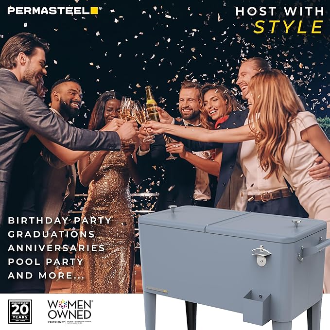 Permasteel 80 Quart Party Cooler, Rolling Ice Chest with Wheels and Handles for Indoor Outdoor Patio