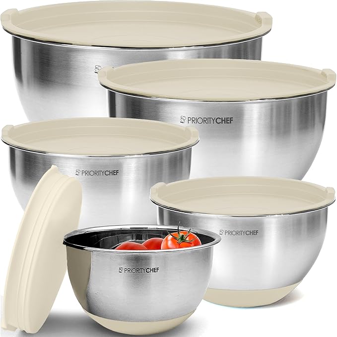 Priority Chef Premium Mixing Bowls With Airtight Lids Set, Thicker Stainless Steel Mixing Bowl Set, Large Prep Metal Bowls with Lids, Nesting Bowls for Kitchen, 1.5/2/3/4/5 Qrt, Khaki