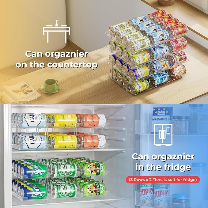 Stackable 4 Tiers Can Organizer Pantry, Canned Food Holder for Fridge Holds 48 Cans, Free Combination & Automatic Rolling, Space Saving Storage for Refrigerator Kitchen Pantry, Clear